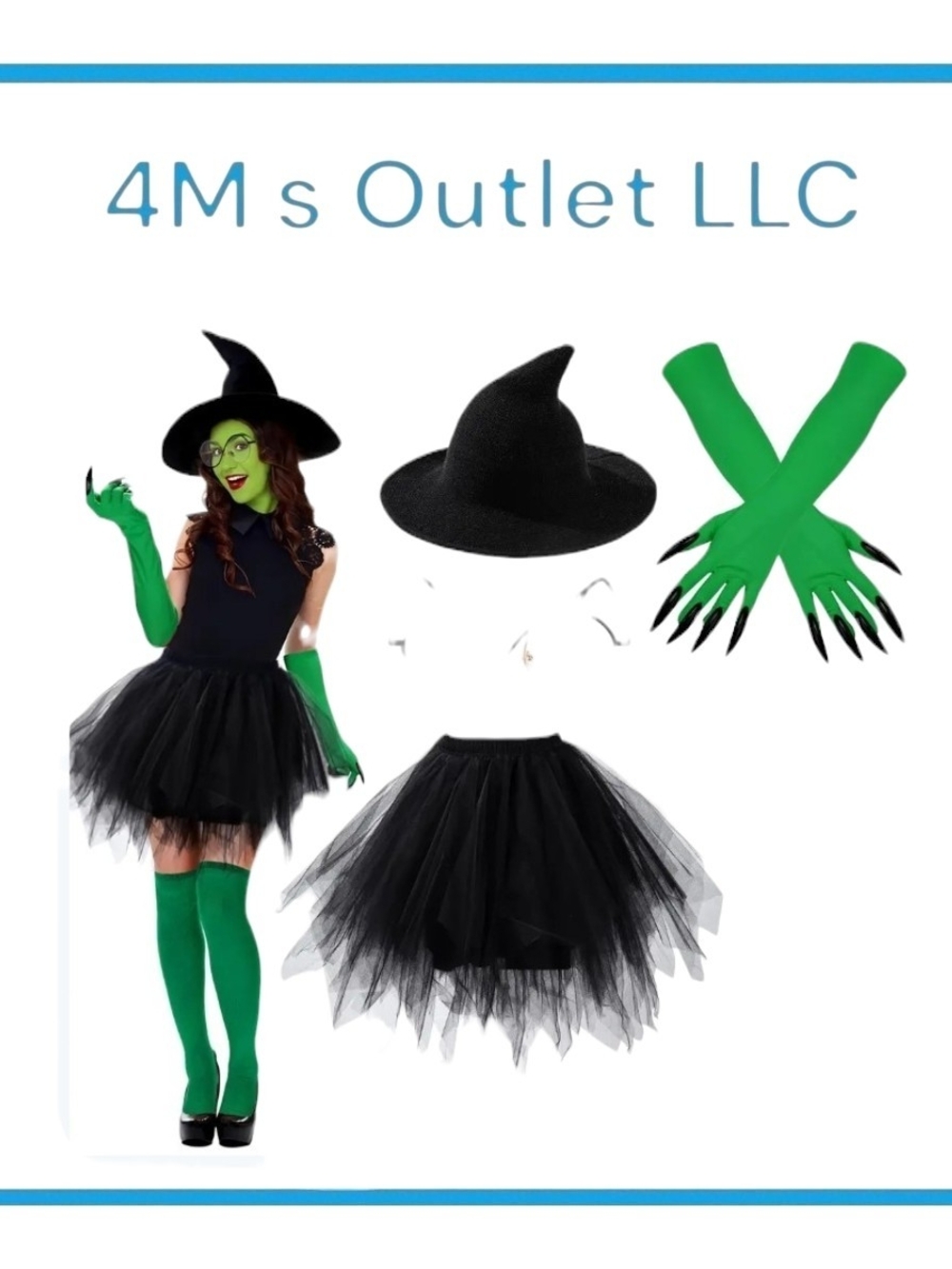 Womens Black Witch Costume Set with Green Gloves